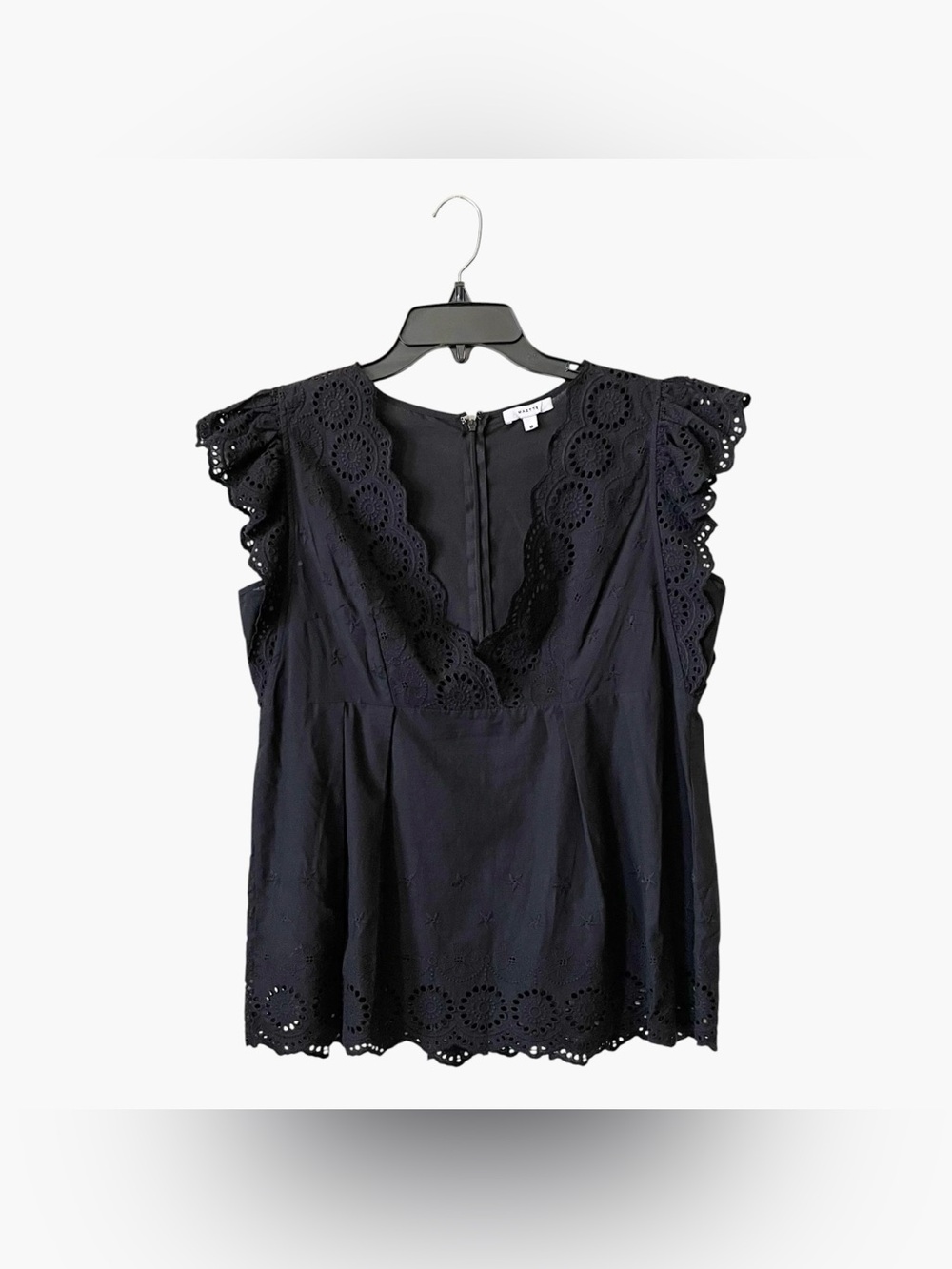 Maette Black Eyelet Top Women's Size M Flutter Sleeve Deep V-Neck Back Zip